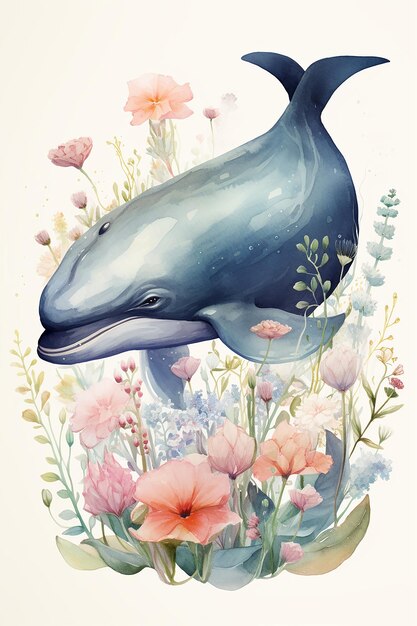 une peinture d'une baleine bleue avec des fleurs en arrière-plan.
