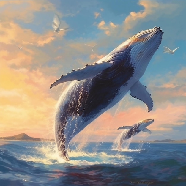 Une peinture d'une baleine et d'une mouette
