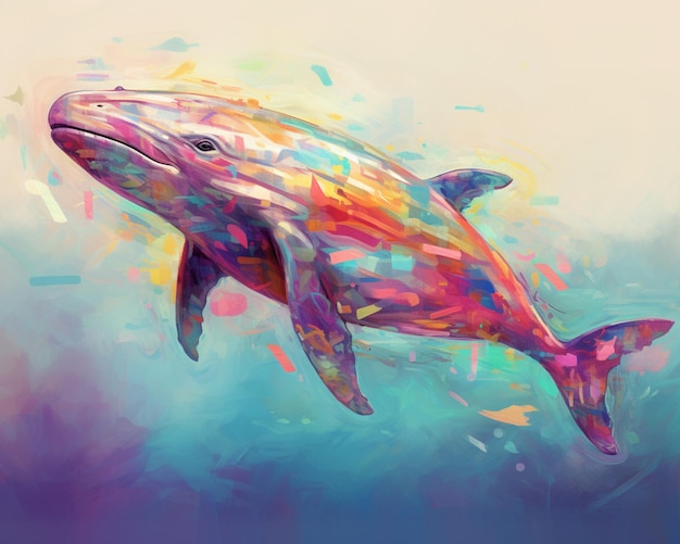 Une peinture d'une baleine peinte de différentes couleurs.
