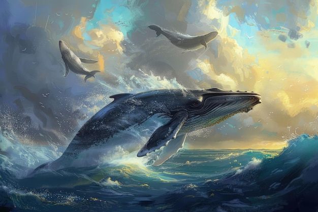 Une peinture d'une baleine sautant de l'eau