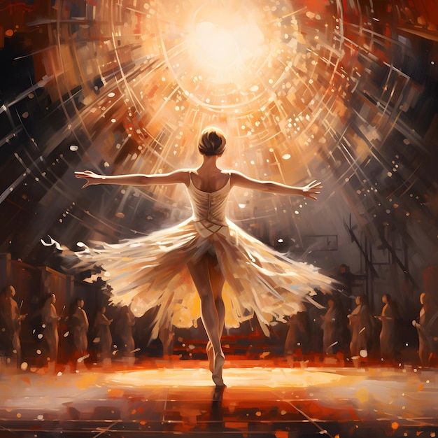 une peinture d'une ballerine dansant sur une scène de science-fiction à grande lumière