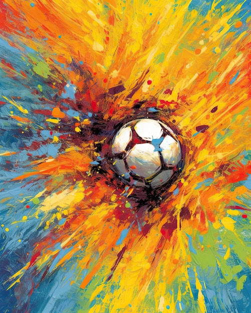 Une peinture d'un ballon de football avec un fond bleu et jaune.