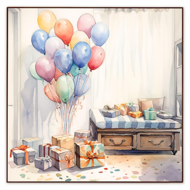 une peinture de ballons et une boîte de cadeaux avec une photo d'un enfant