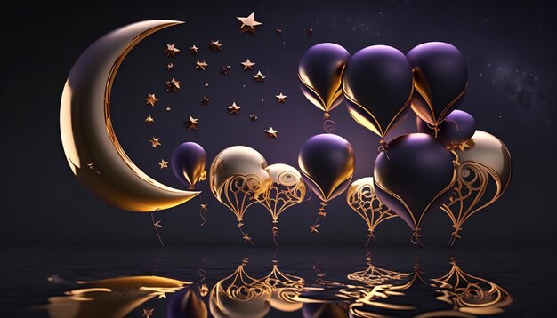 Photo une peinture de ballons et de lune avec un fond violet