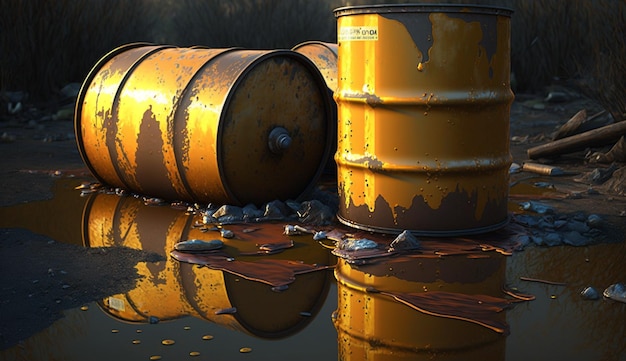 Photo une peinture de barils dans une flaque d'eau avec le mot gaz dessus.