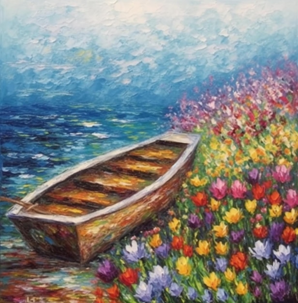 peinture d'un bateau dans un champ de fleurs près de l'océan générative ai