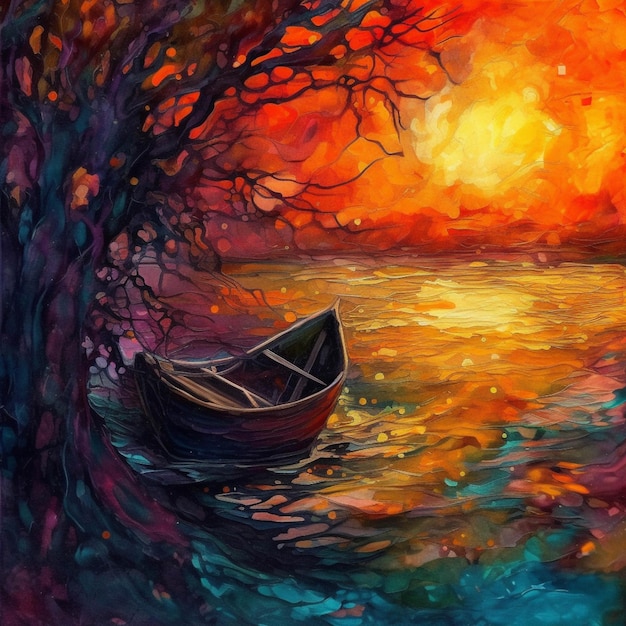 Peinture d'un bateau dans un lac avec un arbre et un coucher de soleil ai génératif