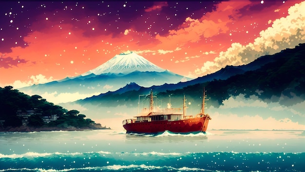 Une peinture d'un bateau devant une montagne