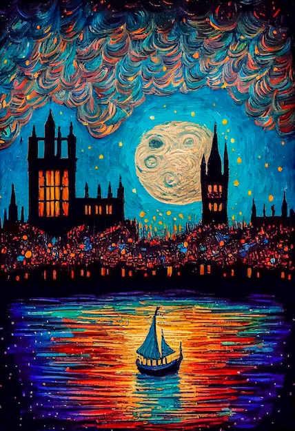 Une peinture d'un bateau devant une pleine lune.