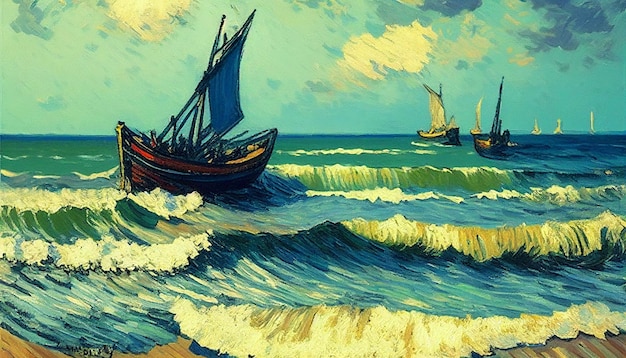 Une peinture d'un bateau sur l'eau avec le mot « mer » en bas.
