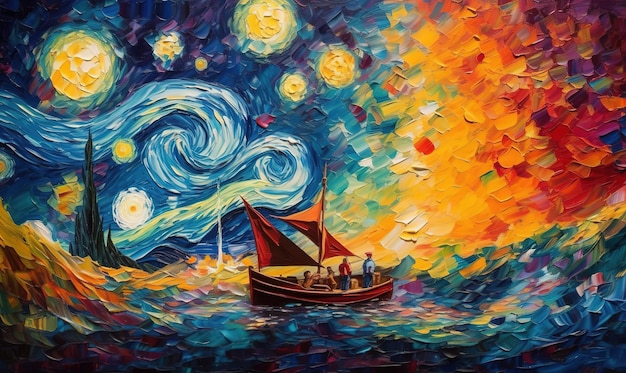 Une peinture d'un bateau avec les étoiles peintes dessus.