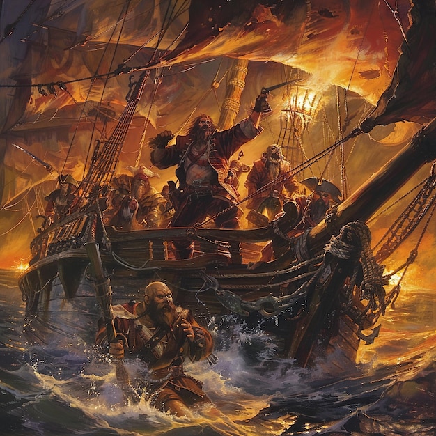 une peinture d'un bateau avec un feu dessus