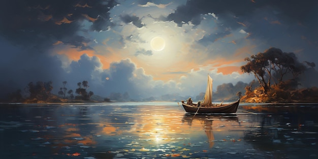 Une peinture d'un bateau flottant sur un plan d'eau