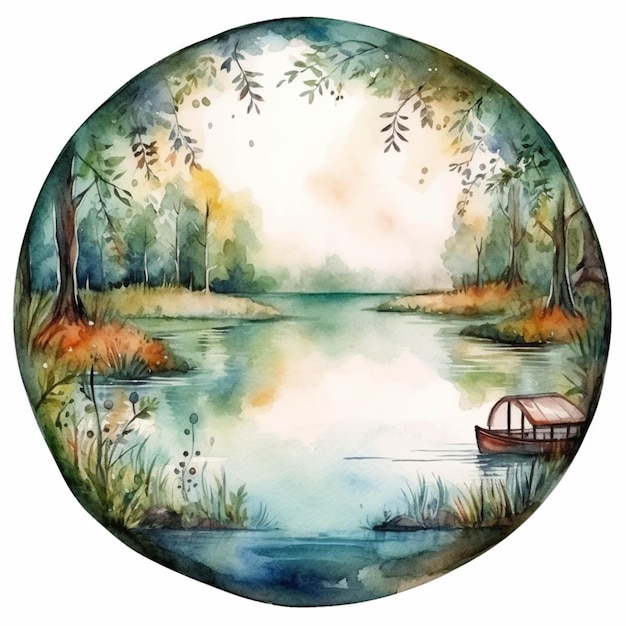 Peinture d'un bateau sur un lac avec des arbres et de l'eau générative ai