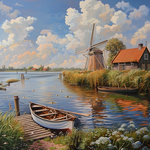 Photo une peinture d'un bateau et d'une maison avec un bateau dans l'eau