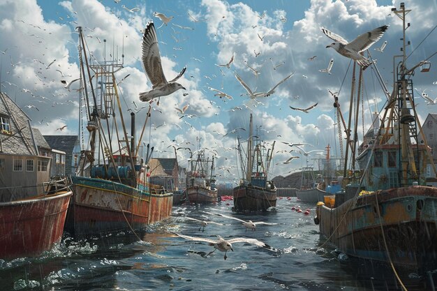 une peinture d'un bateau avec des oiseaux qui volent autour de lui