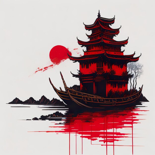 Une peinture d'un bateau avec un soleil rouge et les mots " le mot " sur le fond. "