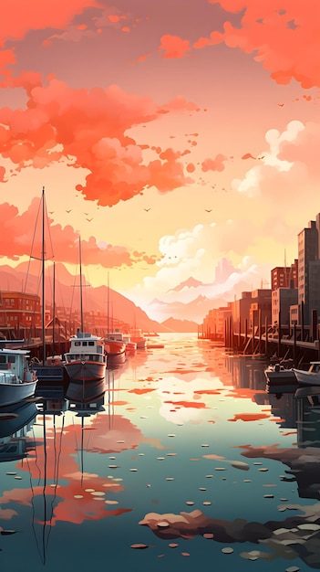 une peinture de bateaux dans un port au coucher du soleil Illustration peinture d'un port