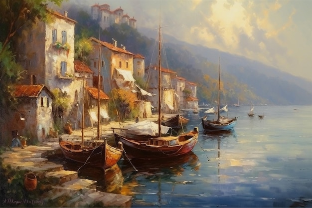 Une peinture de bateaux dans un port avec une ville en arrière-plan.