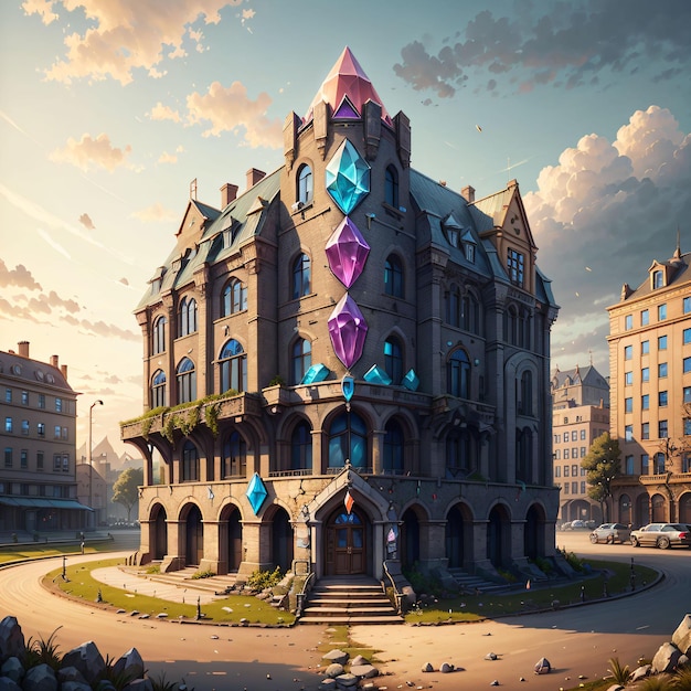 Une peinture d'un bâtiment avec un diamant bleu et violet sur le devant.