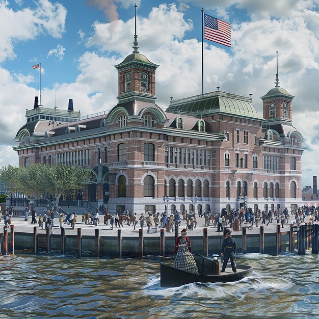 Photo une peinture d'un bâtiment avec un drapeau dessus