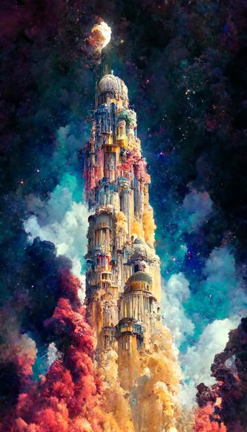 Une peinture d'un bâtiment avec un fond de ciel et les mots "planète" dessus