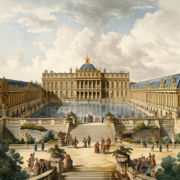 Une peinture d'un bâtiment avec un grand bâtiment en arrière-plan