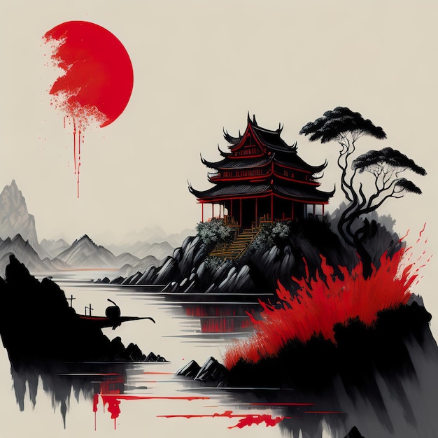 Une peinture d'un bâtiment japonais sur une colline avec un soleil et une lune rouge au-dessus.