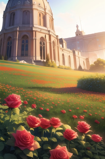 Une peinture d'un bâtiment avec des roses rouges dessus