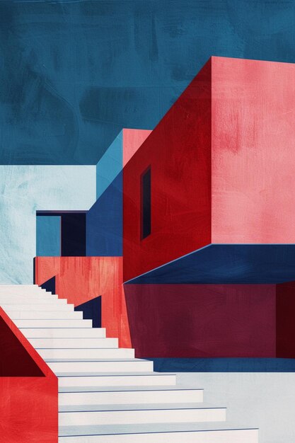 Photo peinture d'un bâtiment rouge et bleu avec un escalier menant à lui