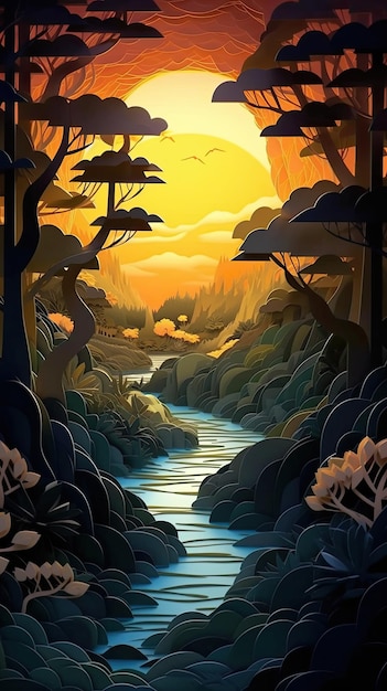 Une peinture de beaux paysages de coucher de soleil d'anime générés par l'IA