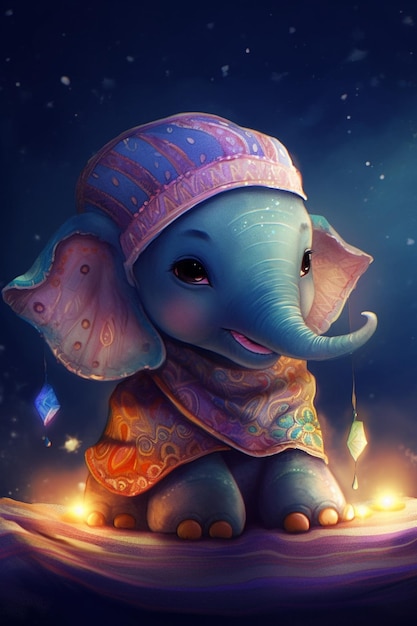 Une peinture d'un bébé éléphant avec un chapeau et une écharpe.