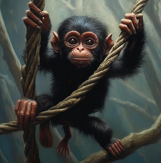 Une peinture d'un bébé singe suspendu à une branche.
