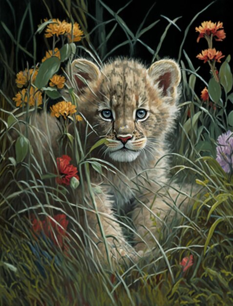 Une peinture d'un bébé tigre dans les hautes herbes.