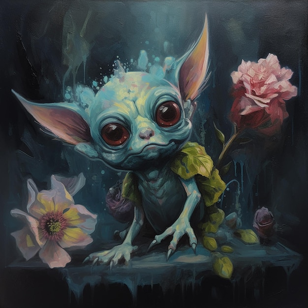 Une peinture d'un bébé yoda avec une fleur en bas.