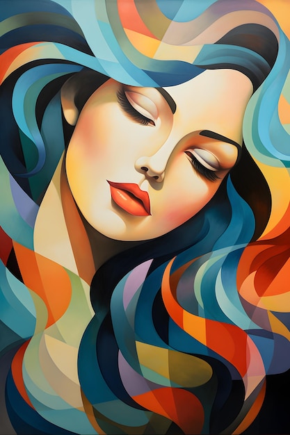 Une peinture d'une belle femme aux cheveux longs en couleurs