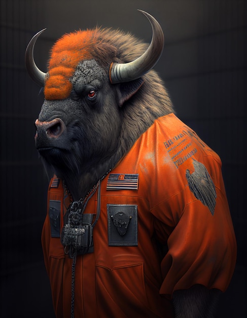 Une peinture d'un bison avec un badge sur sa veste