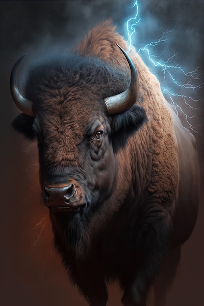 Photo peinture d'un bison avec un éclair en arrière-plan