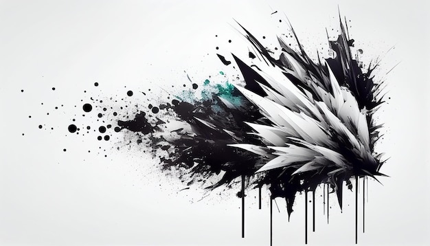 Une peinture blanche et noire avec des plumes noires et blanches et une tache de peinture.