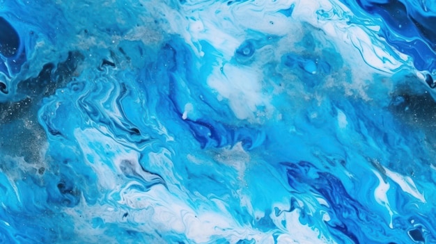 Une peinture bleue et blanche d'un liquide bleu avec les mots "bleu" dessus