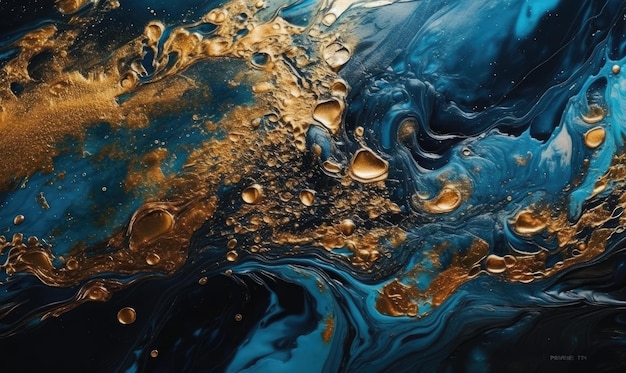 Une peinture bleue et dorée avec une goutte de peinture dorée sur la surface.