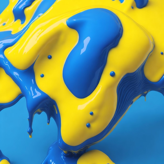 Une peinture bleue et jaune coule.