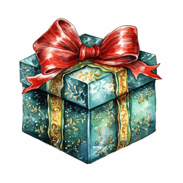 Une peinture d'une boîte à cadeaux bleue avec un arc rouge génératif ai