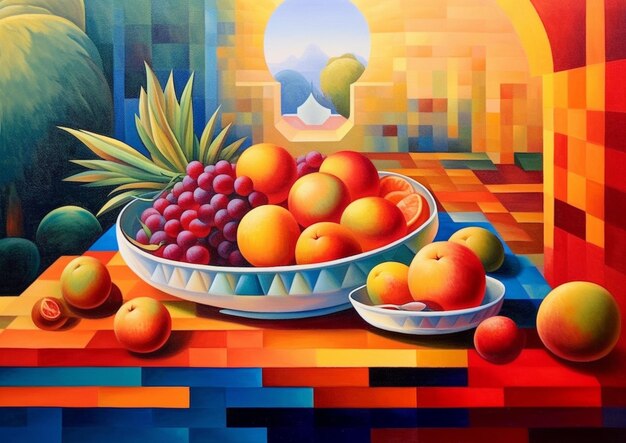 peinture d'un bol de fruits sur une table avec une fenêtre en arrière-plan