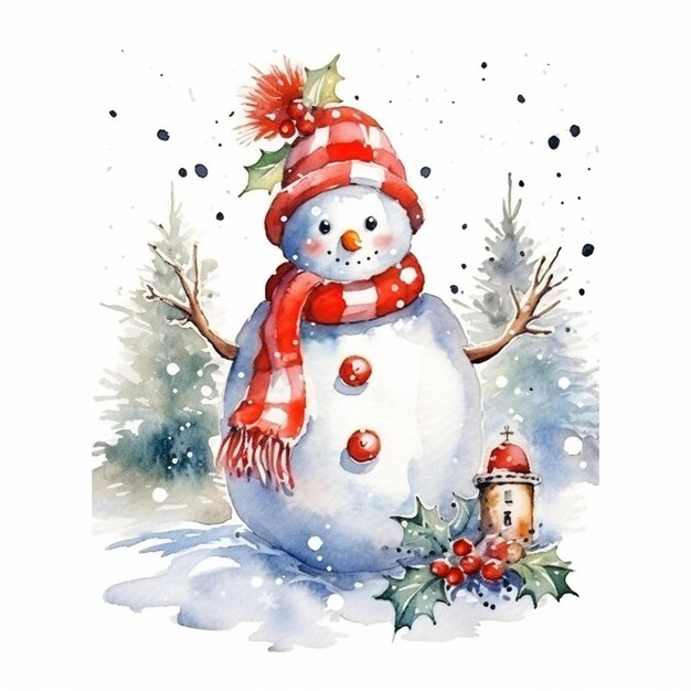 Peinture d'un bonhomme de neige avec un chapeau rouge et une écharpe ai générative