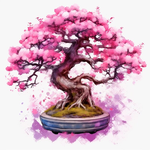 Photo peinture d'un bonsai avec des fleurs roses dans un pot génératif ai