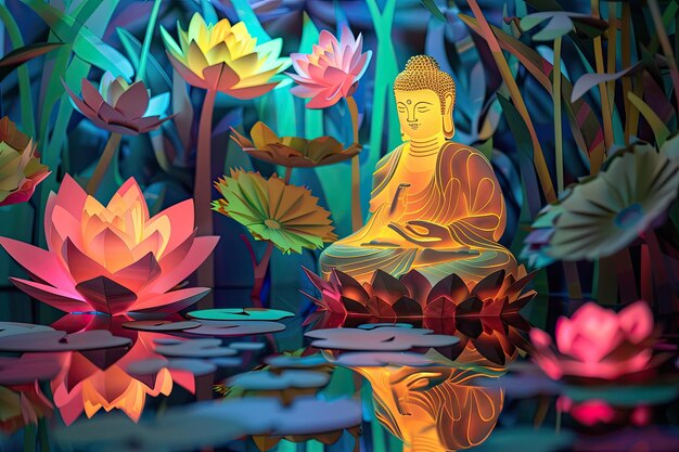 une peinture de Bouddha assis devant des fleurs de lotus