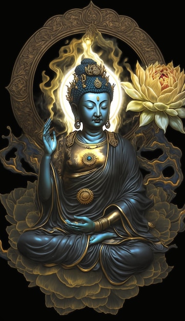 Une peinture d'un bouddha avec le mot bouddha dessus.