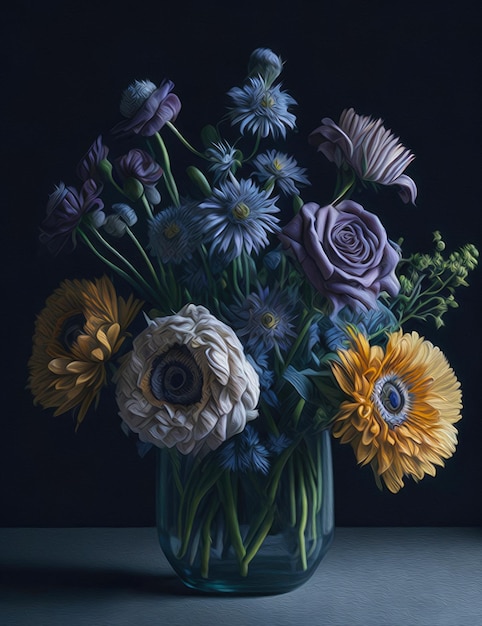 Peinture avec un bouquet de fleurs dans un vase Generative AI