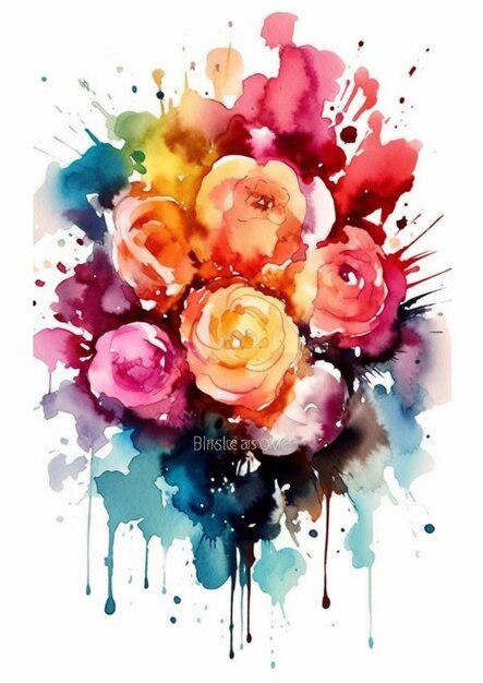 une peinture d'un bouquet de fleurs avec des éclaboussures d'aquarelle